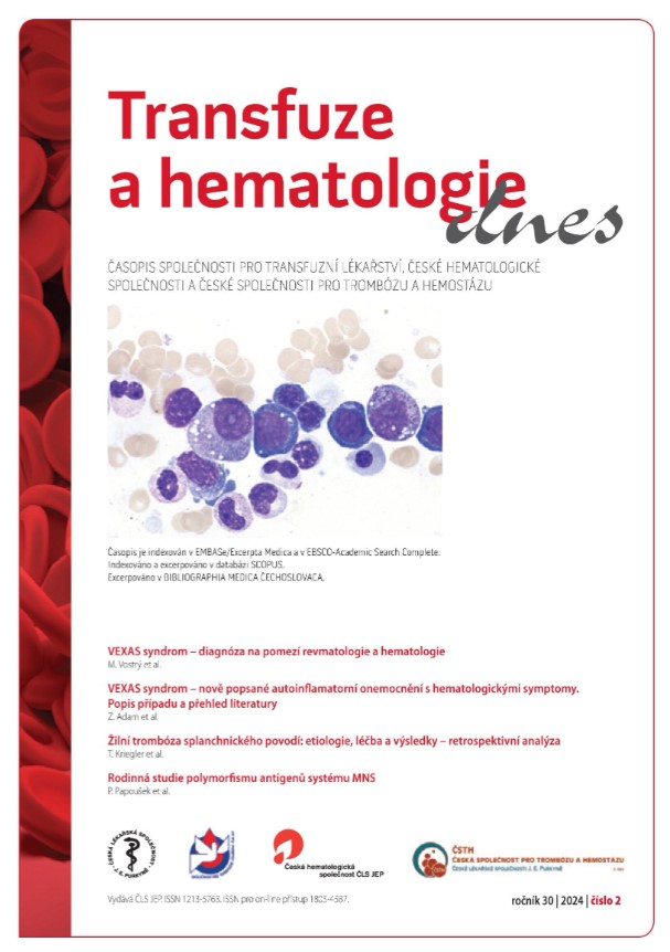 titulní strana časopisu Transfuze a hematologie dnes  a jeho předplatné