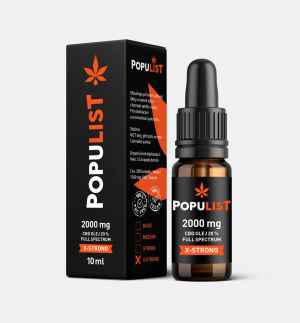  20% CBD olej 
 CBD olej Populist 
Oblíbená značka Populist si klade za cíl vnést svěží vítr do cenotvorby CBD produktů v České republice. V balíčku najdete celospektrální 20% CBD olej v MCT oleji. 
Konopí použité při výrobě je pěstováno přírodním způsobem a bez použití pesticidů.