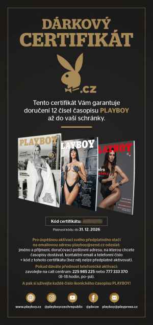 PLAYBOY - Dárkový certifikát na roční předplatné Udělejte radost svému tátovi, obchodním partnerům, kamarádům z vojny, tchánovi, šéfovi, nebo komukoliv dalšímu z vašich blízkých či přátel. Dárkový certifikát na celoroční předplatné (12 čísel) časopisu Playboy jim bude celý rok připomínat, kdo jim ho věnoval. 
   Po úhradě, je odesílán na adresu plátce do 6-ti týdnu od uhrazení - tištěný dárkový certifikát. 