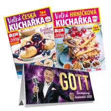 Dárek za předplatné - Balíček kuchařek - Velká česká kuchařka a Velká hrníčková kuchařka + Stolní kalendář Karel Gott 2026. Dárek je určen pro nové předplatitele. Akce je platná do vyčerpání zásob. 
