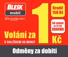 Dárek za předplatné - BLESKmobil SIM karta v hodnotě 150 Kč
BLESKmobil SIM karta v hodnotě 150 Kč s přednabitým kreditem 150 Kč. Platí pro nové předplatitele. Dárek v hodnotě 150 Kč zdarma.

Akce je omezena do vyprodání zásob. Platí do 20. 6. 26.

